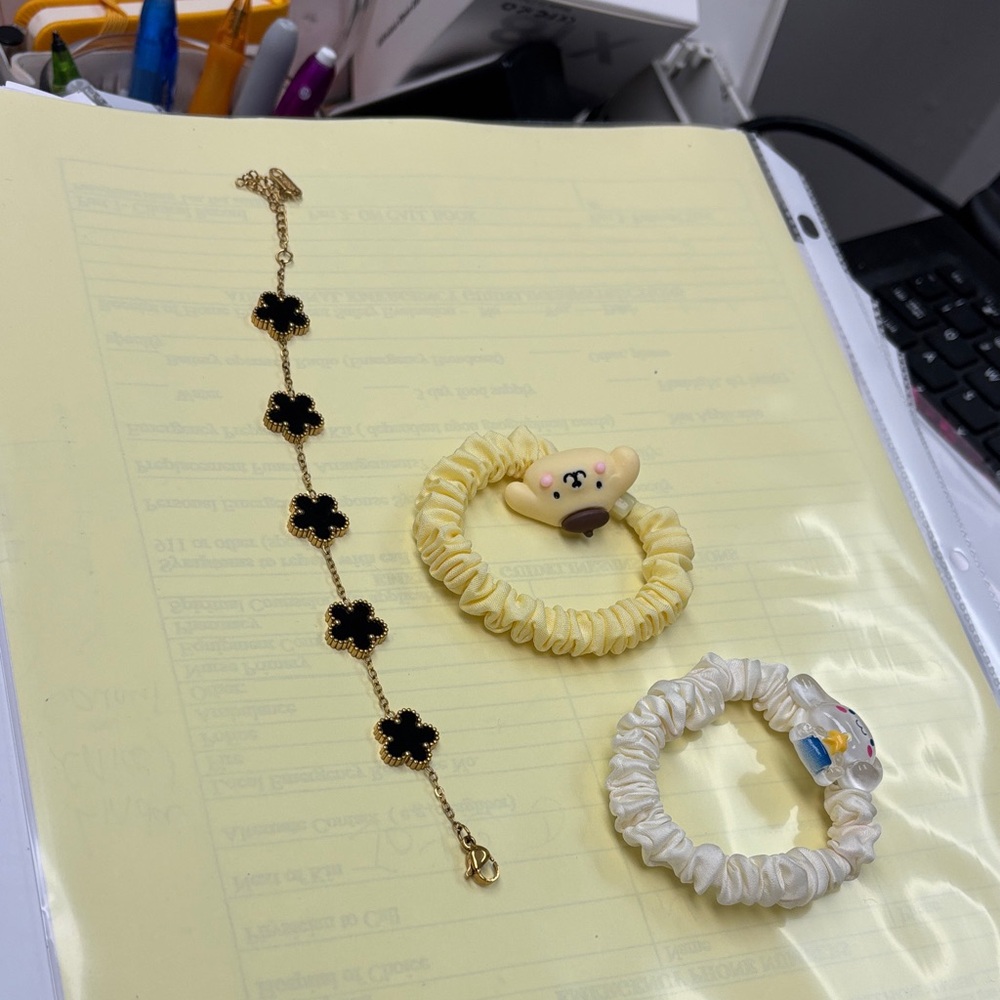 Unique Black Flower Bracelet and Yellow Scrunchie Set - hello kittie - NWOT